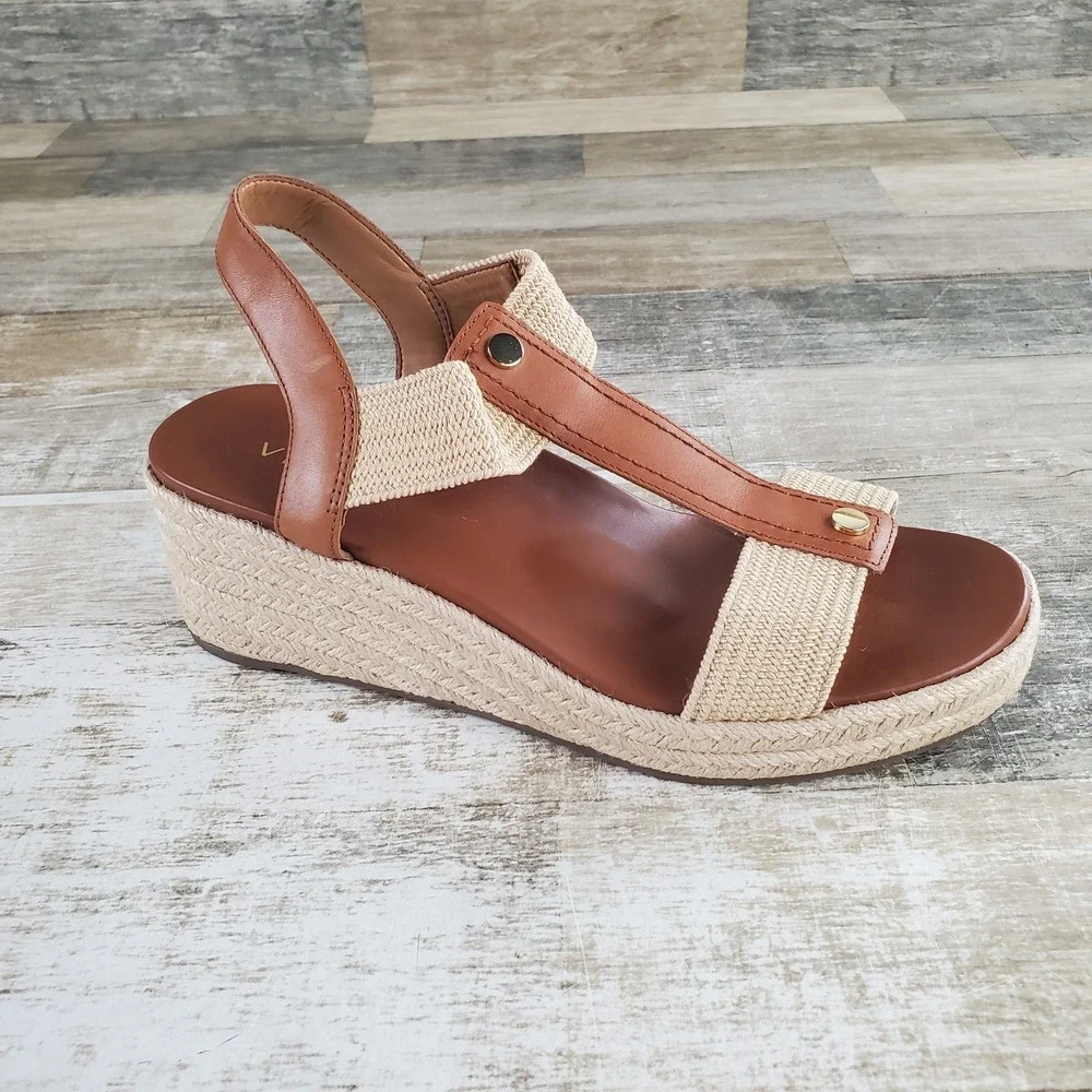 Vionic Calera Womens Sandal Sz 10 Wide Camel Leather Ankle Straps Wedge Heel